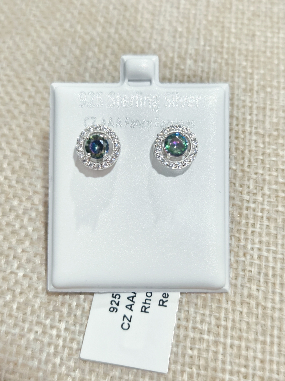 Sterling Silver Mystic Round Halo Stud Earrings in Iridescent Green.